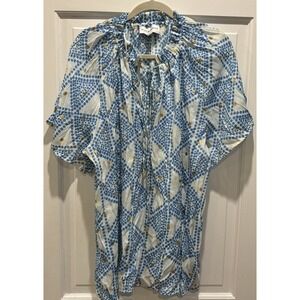 ALEX & PARKER Womens Blouse White Blue Polkadots Tie Neck Short Sleeve‎ Size 3X